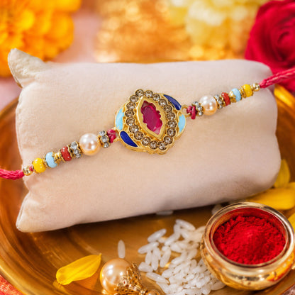 Pink Stone & Blue Meenakari Oval Designer Rakhi for Brother Gift Set