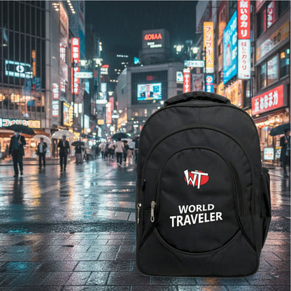 World Traveler Backpack – Lightweight Travel & Laptop Bag with Multi-Compartment Design, Durable Fabric, Black - Multicolor Logo