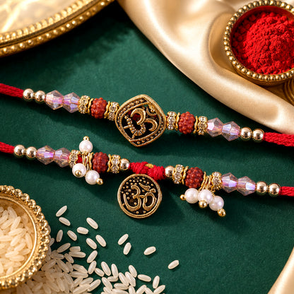 Graceful OM Symbol Bhai Bhabhi Rakhi with OM Medallion and Pearl Tassel for Gifting