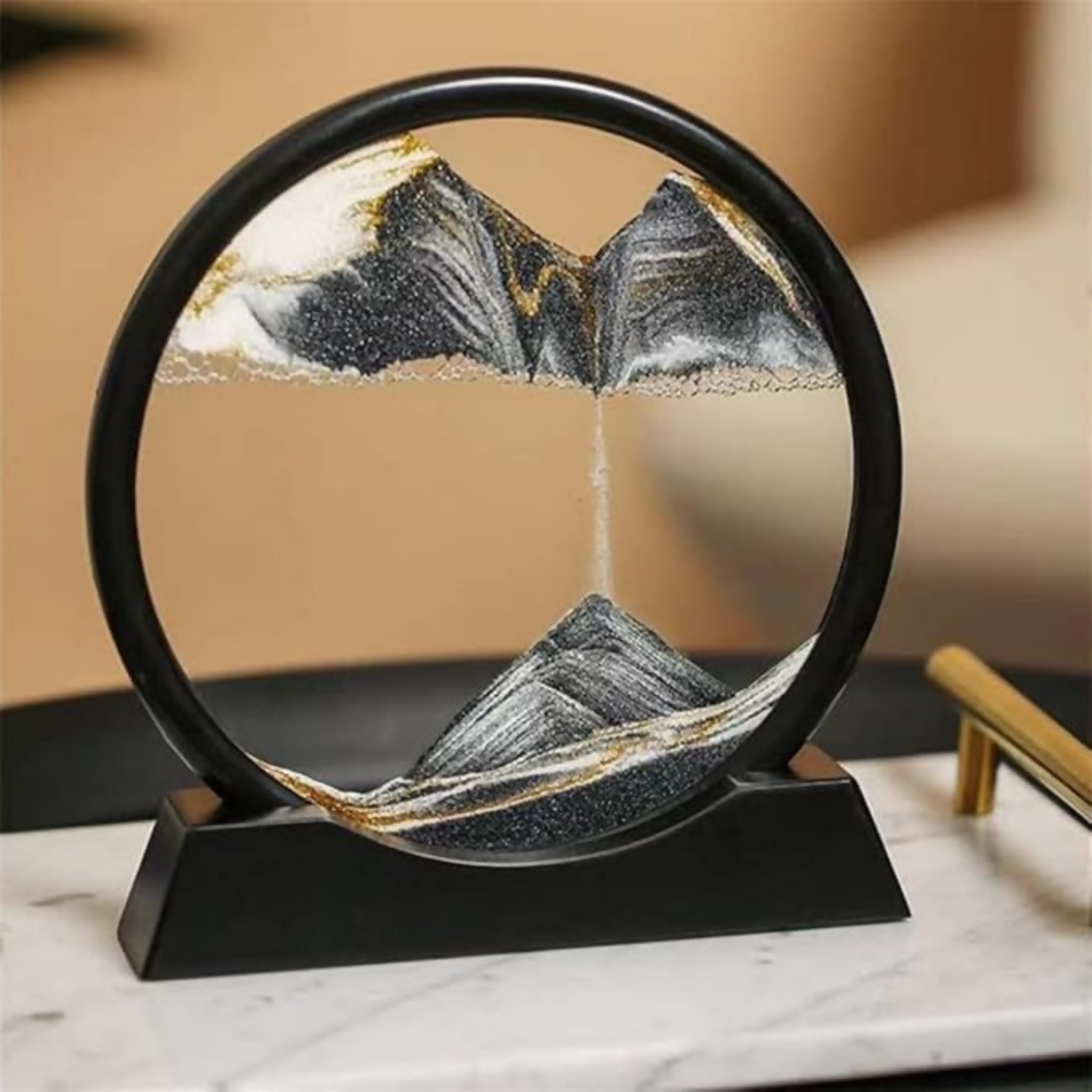 Luxury Round Rotating Moving Sand Art Frame with Black Stand | Premium Flowing Sand Picture for Home & Office Décor | Relaxing Desktop Motion Showpiece for Living Room, Bedroom & Work Desk | Elegant Stress-Relief Kinetic Art Gift