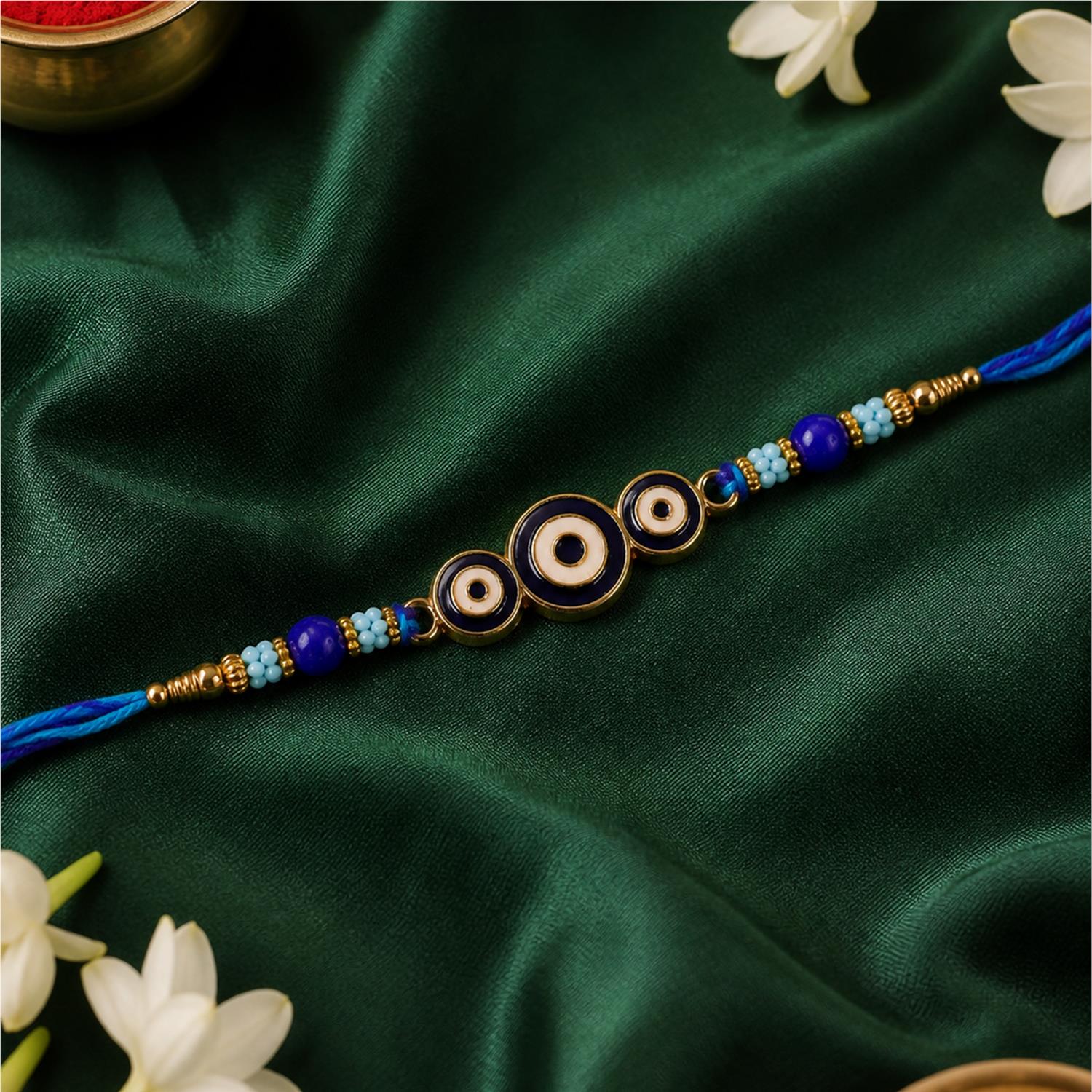 Designer Triple Nazar Evil Eye Enamel Bead Traditional Rakhi