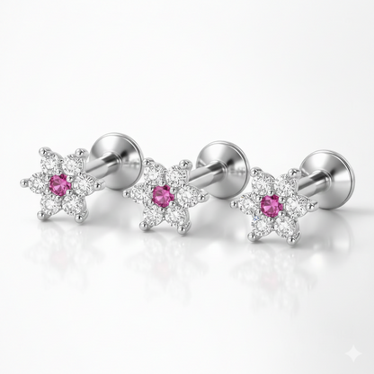 Ruby floral silver plated stud earrings featuring ruby centre and sparkling cubic zirconia