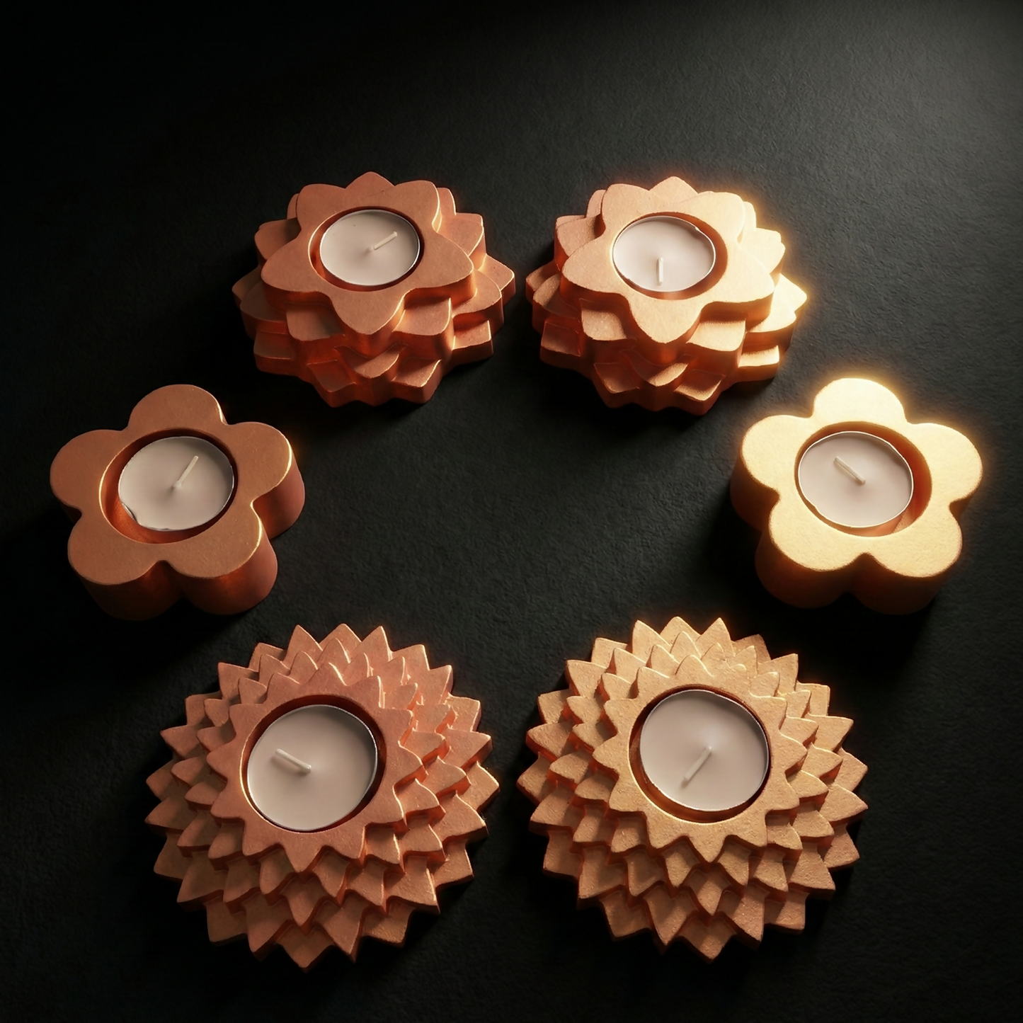 5-Step, 4-Step, Flower shaped combo gypsum articles – Multi-Purpose Candle Holder, Dhoop Cone Stand, Pooja Diya & Mini Planter (Pack of 6 - Rose Gold, Metallic Pink)
