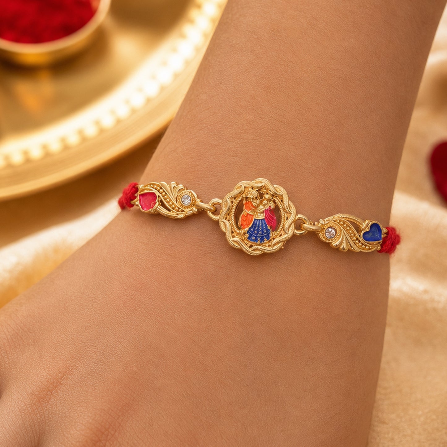 Gold-Toned Radha Krishna Rakhi with Multicolor Enamel, Crystal Accents & Red Thread