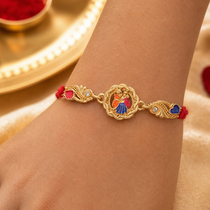 Gold-Toned Radha Krishna Rakhi with Multicolor Enamel, Crystal Accents & Red Thread