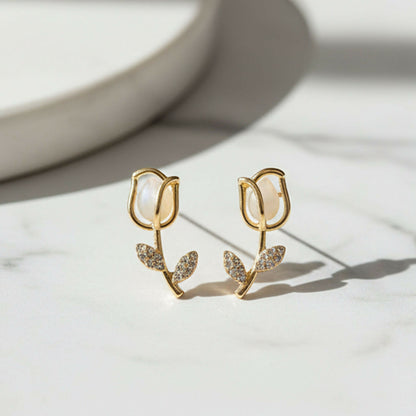 Luxury Designer Pearl Tulip Stud Korean Style Earrings – Aesthetic Floral Jewelry for Women