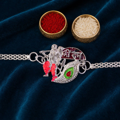 Devotional Morpankh Enamel Silver Chain Rakhi (5pcs)