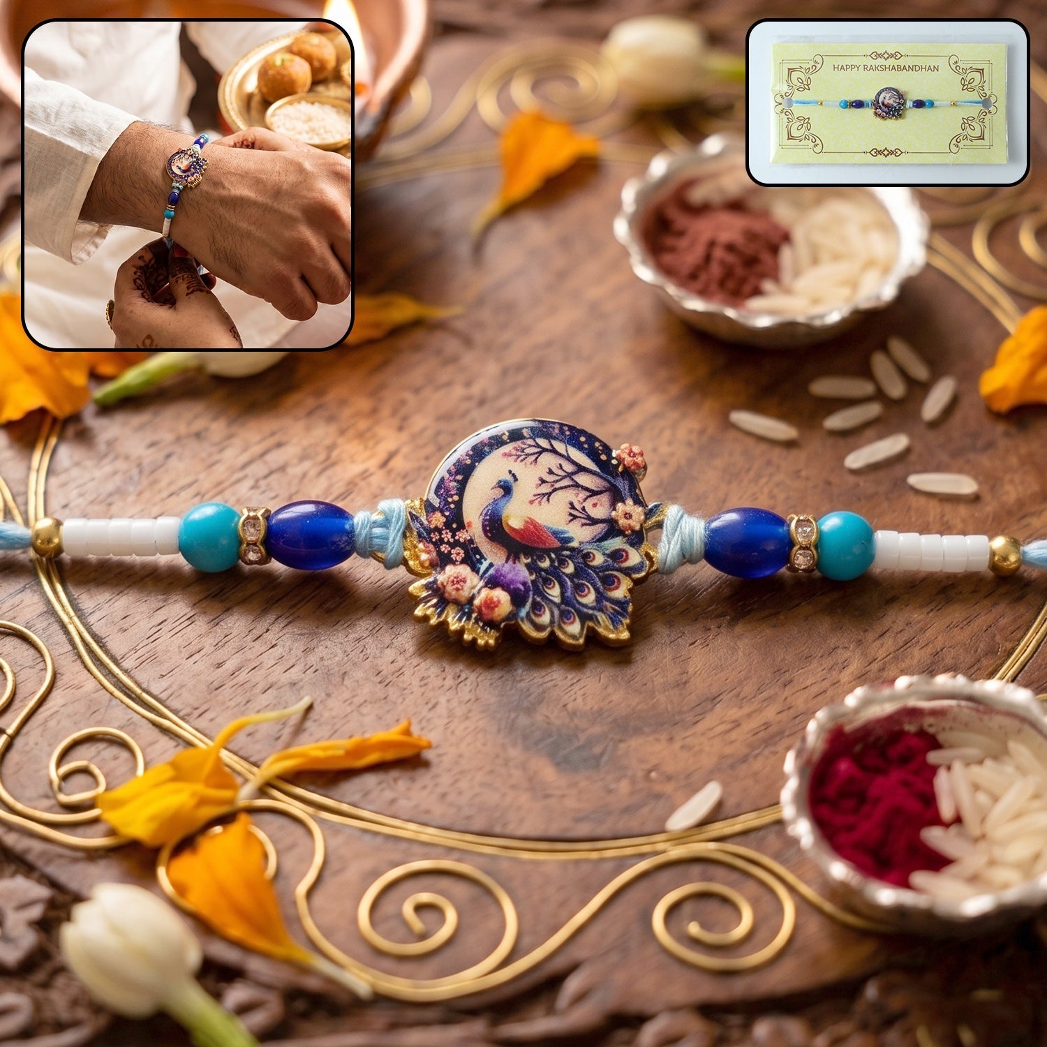 Rakhi Royal Mughal Peacock Designer Charm for Brother (5pcs)