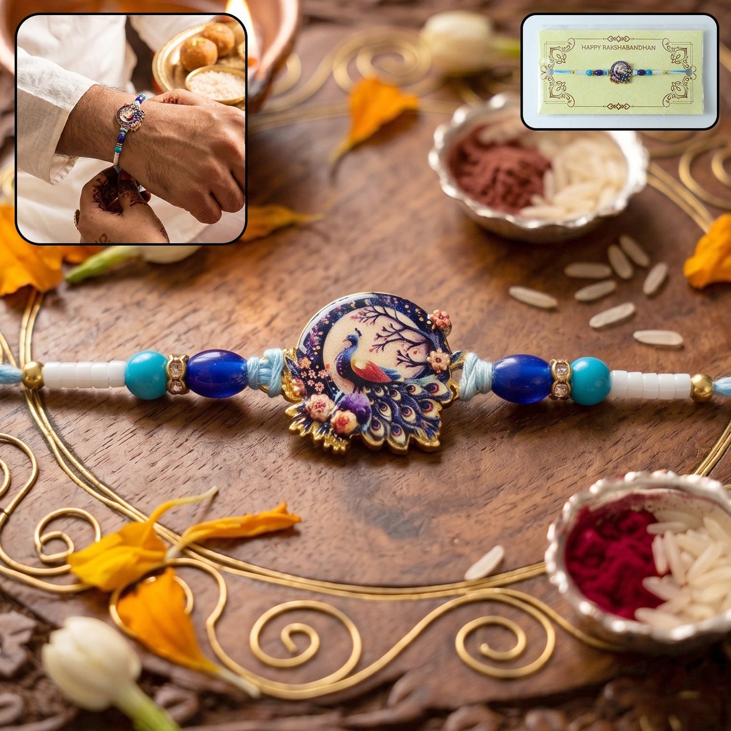 Blue Peacock Portrait Rakhi with Choco Beats, Pack of 3