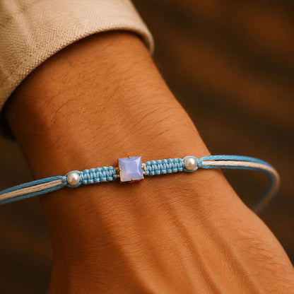 Blue Square Stone Macrame Rakhi with Pearl Beads, Silver Accents and Soft Thread