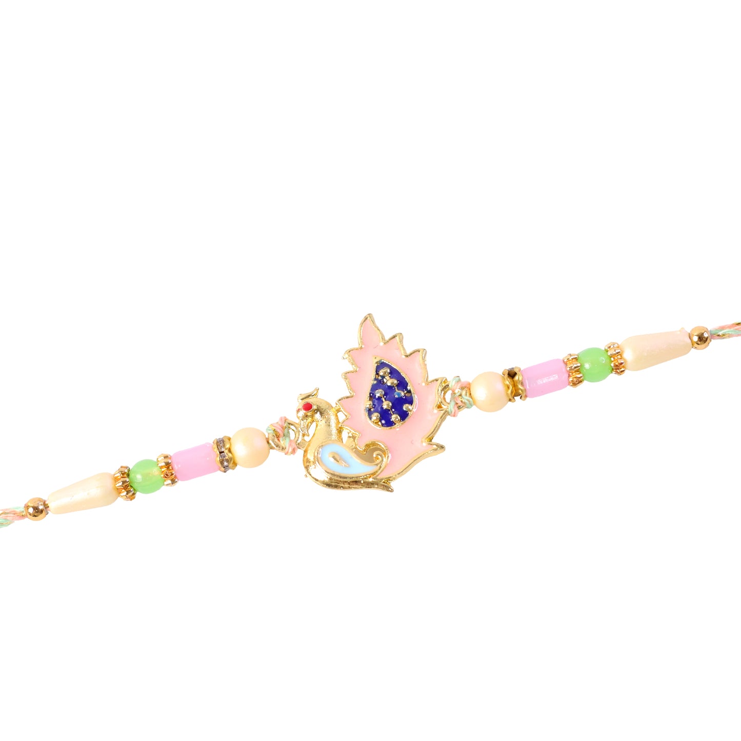 Peacock Designer Rakhi for Brother with Pink Pendant & Colorful Bead Work