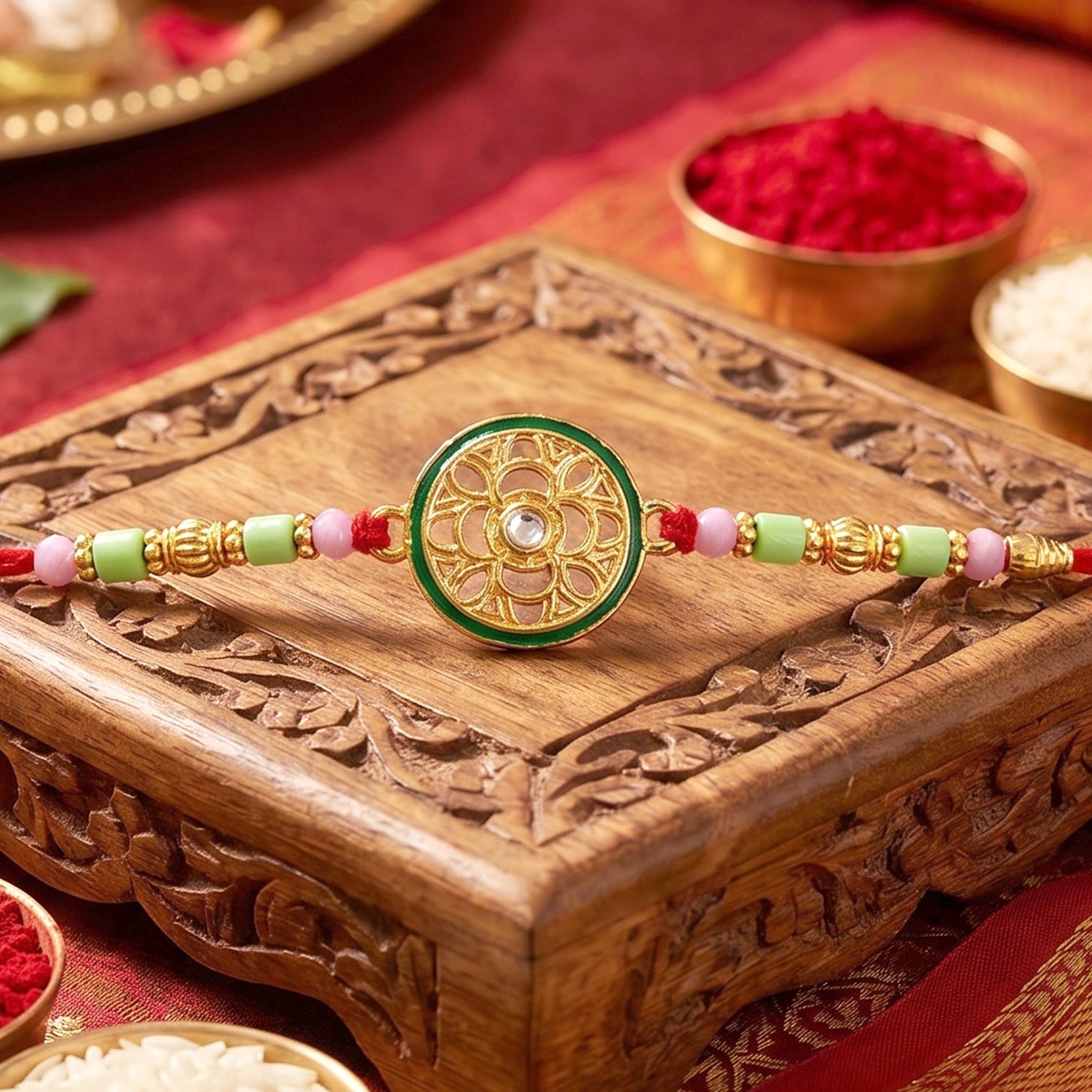 Rakhi Beautiful Designer Golden Floral Wheel for Raksha Bandhan (10pcs)