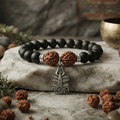 Rudraksha Black Beaded Bracelet with Silver Tone Mahadev Trishul Charm for Devotional Wear