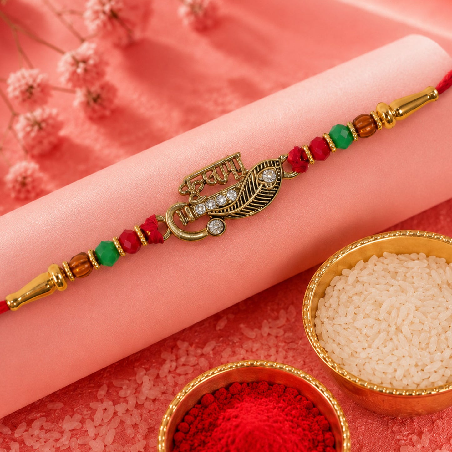Veera Name Rakhi with Flute Leaf Style Centre, Stones and Red Green Beads