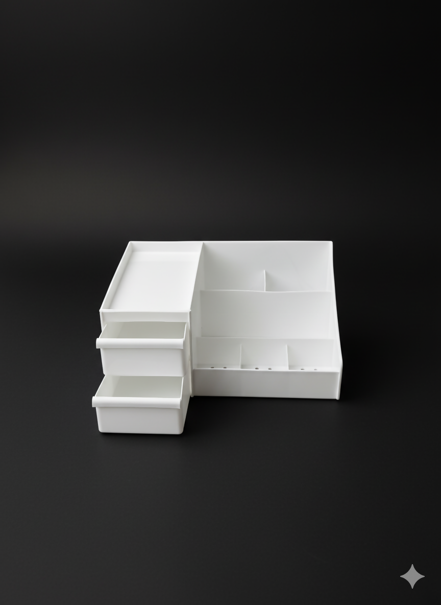 Top view of the plastic makeup drawer organizer showing six compartments and two drawers