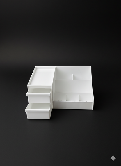 Top view of the plastic makeup drawer organizer showing six compartments and two drawers