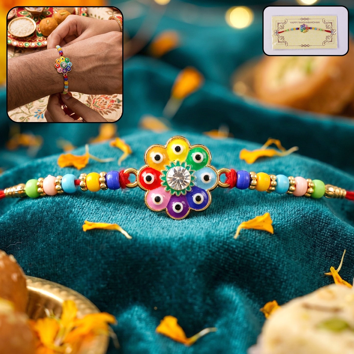 Multicolor Evil Eye Flower Designer Rakhi closeup