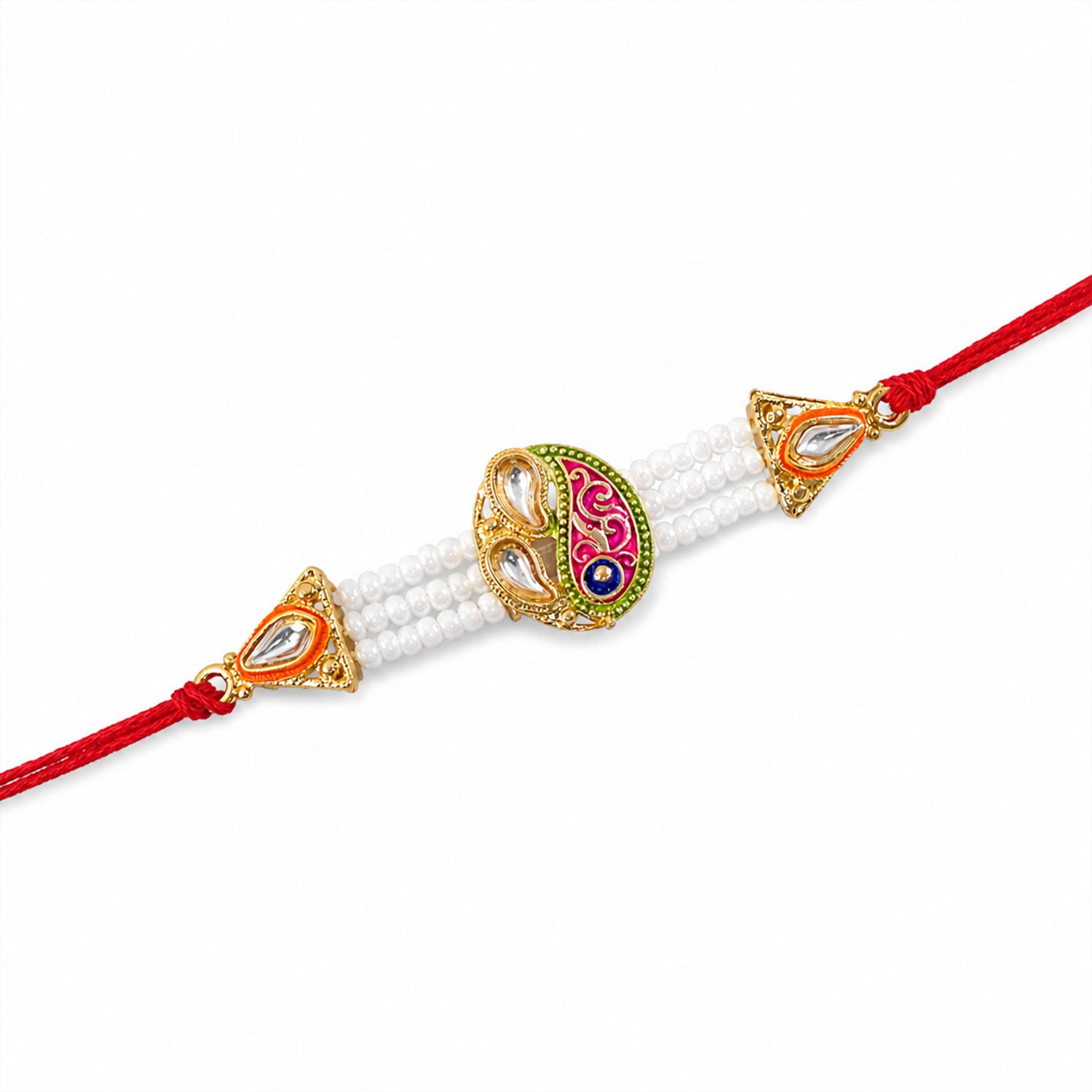 Pearl Paisley Rakhi with Red Thread and Golden Festive Brother Gift Presentation