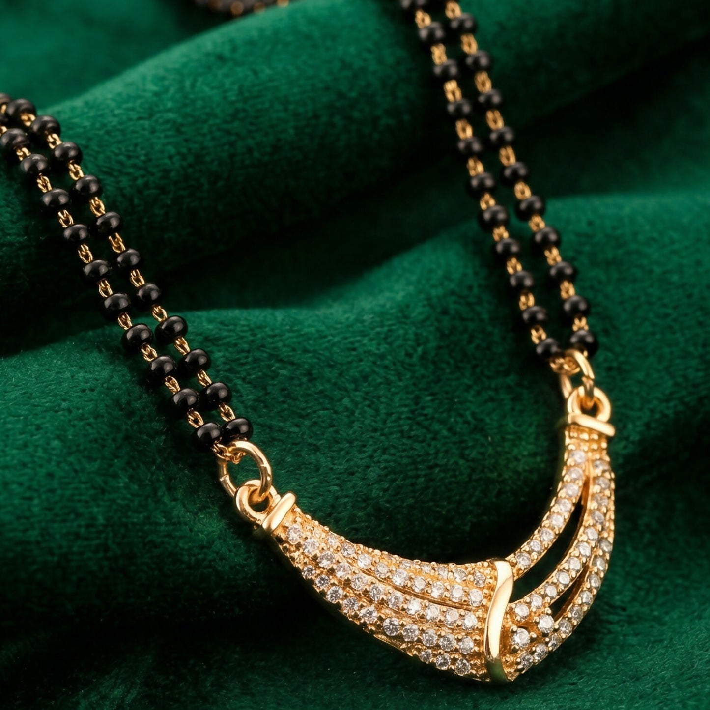 Rose Gold Finish Full CZ Crescent Moon Bar Double Strand Mangalsutra