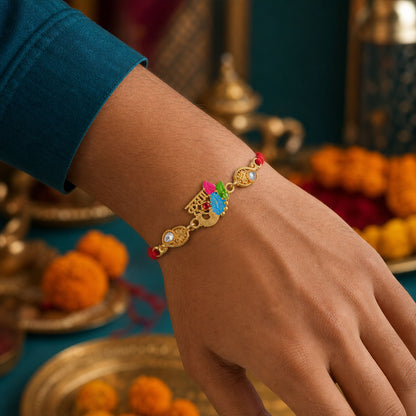 Designer Rakhi with Decorative Floral Medallion, gold trims and chain look for Gift