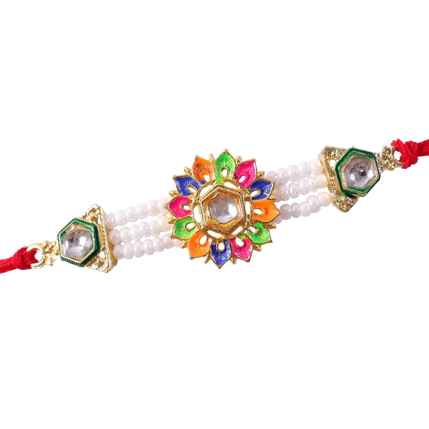 Multicolor Pearl Floral Rakhi with Jewel Center and Bright Festive Gifting Elegance