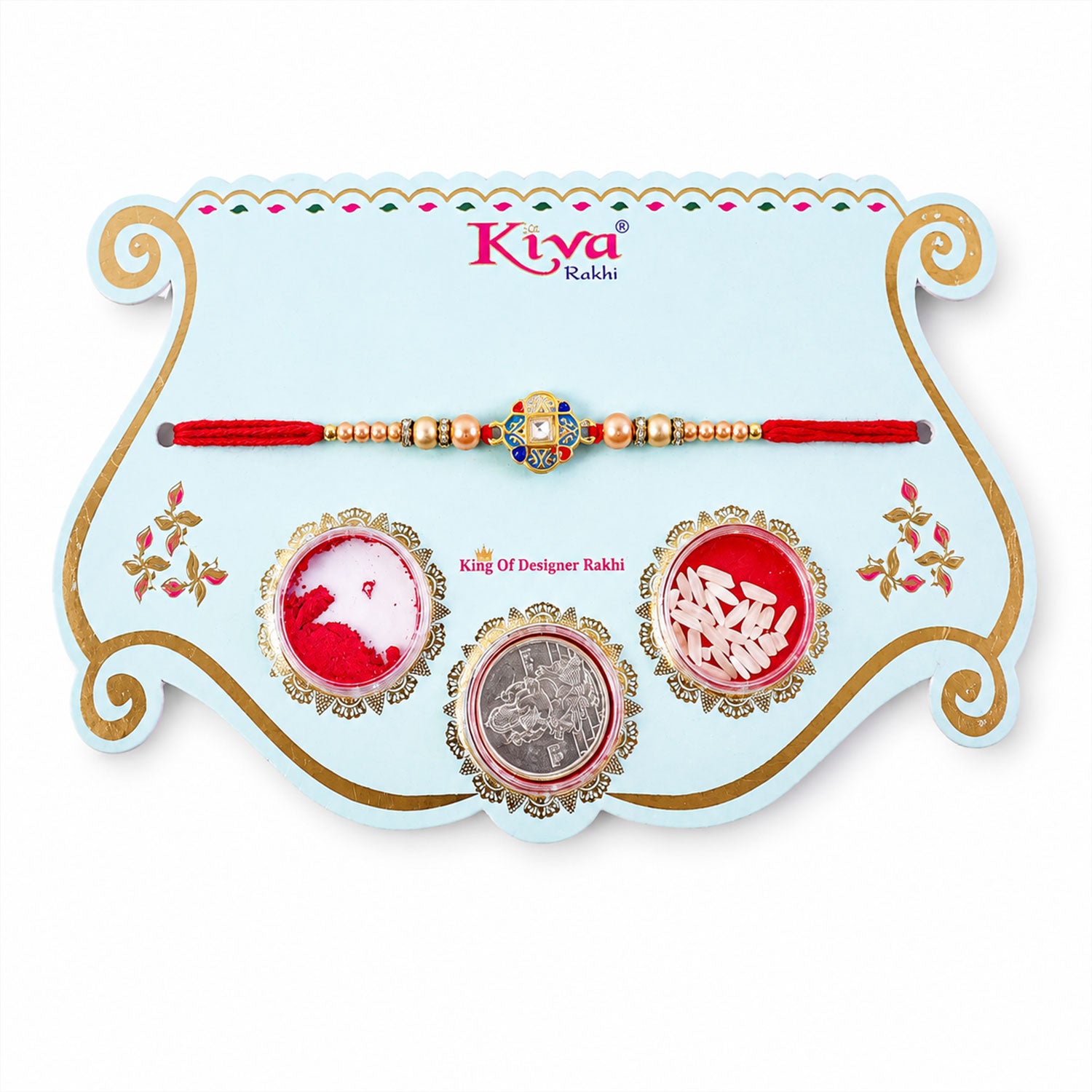 Blue Enamel Mandala Rakhi with Golden Star Detail, Roli Chawal Coin and Gift Box Packing