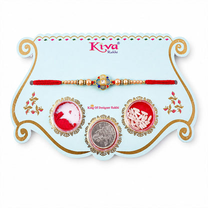 Blue Enamel Mandala Rakhi with Golden Star Detail, Roli Chawal Coin and Gift Box Packing