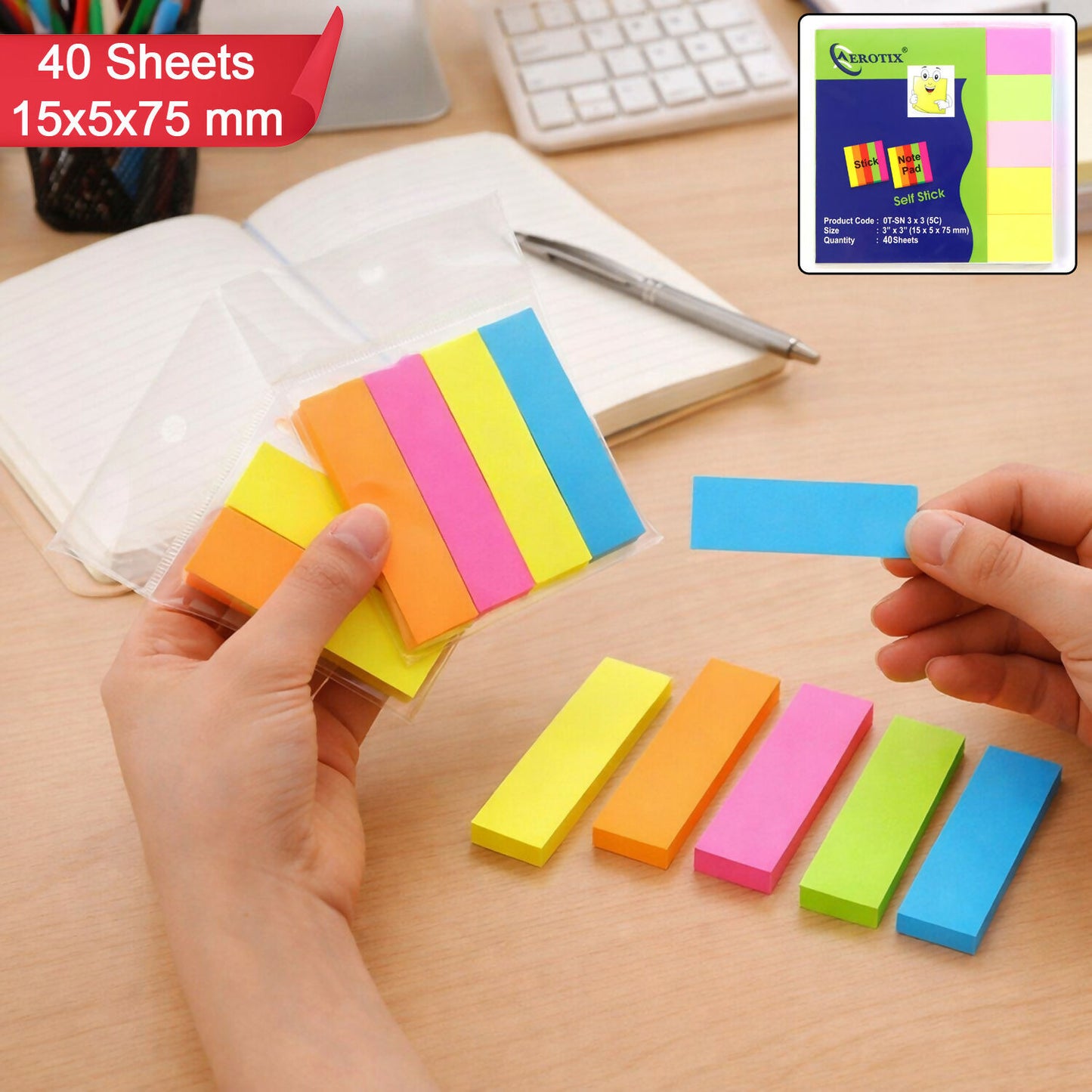 Self Sticky Notes Pad 5 Multicolour with Strong Adhesive (15×5×75mm,40 Sheets,6 Pack)