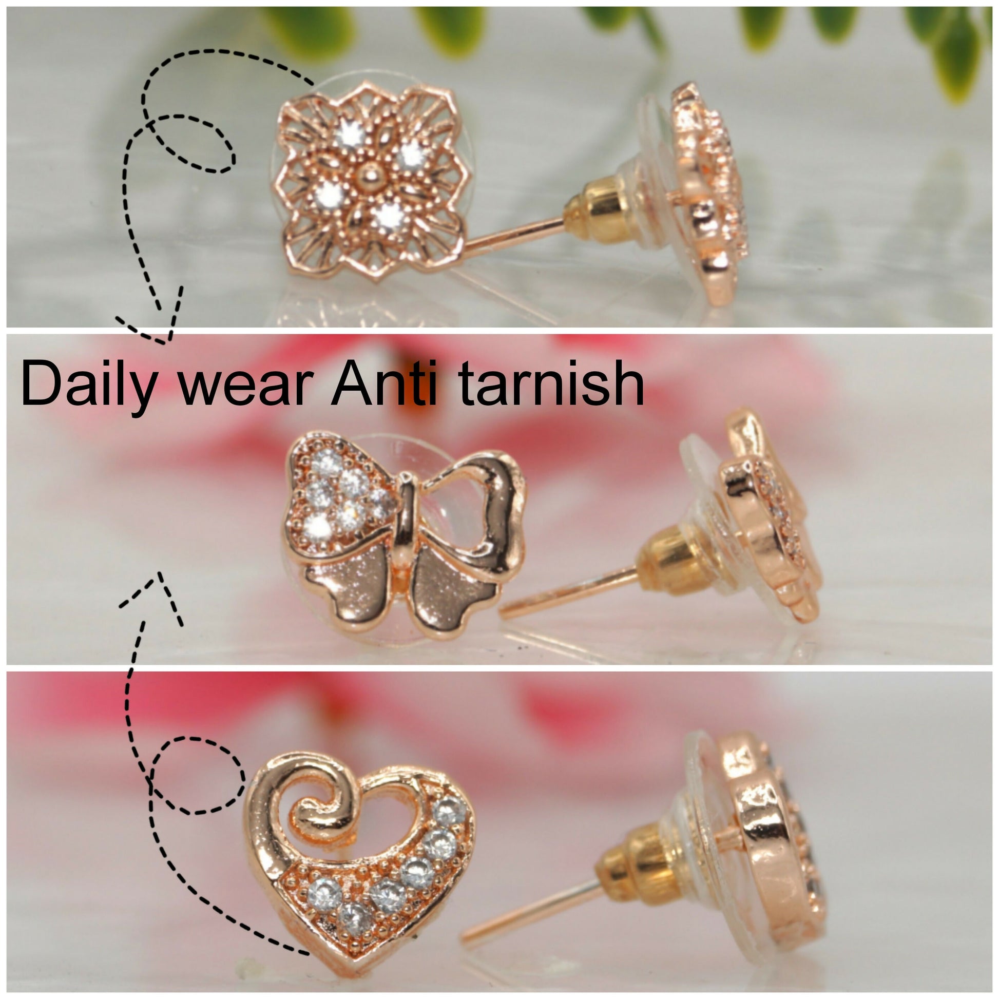 Rose Gold Plated AD Stud Earrings Set - Heart, Bow & Floral for women and girls Combo Pack of 3