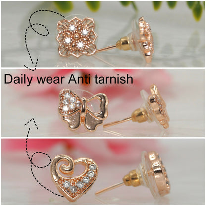 Rose Gold Plated AD Stud Earrings Set - Heart, Bow & Floral for women and girls Combo Pack of 3