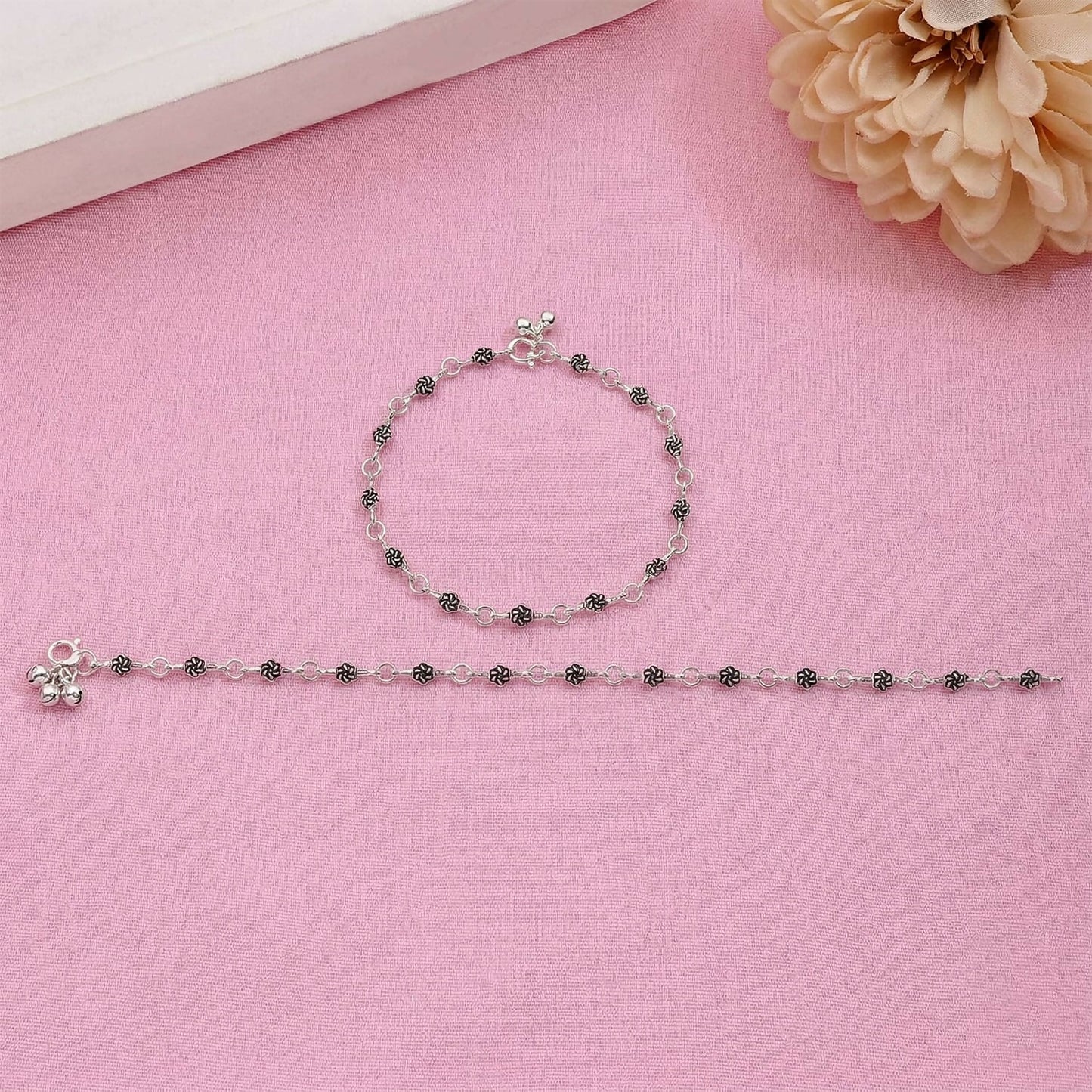Silver Floral Link Anklet Pair with Classic Charm
