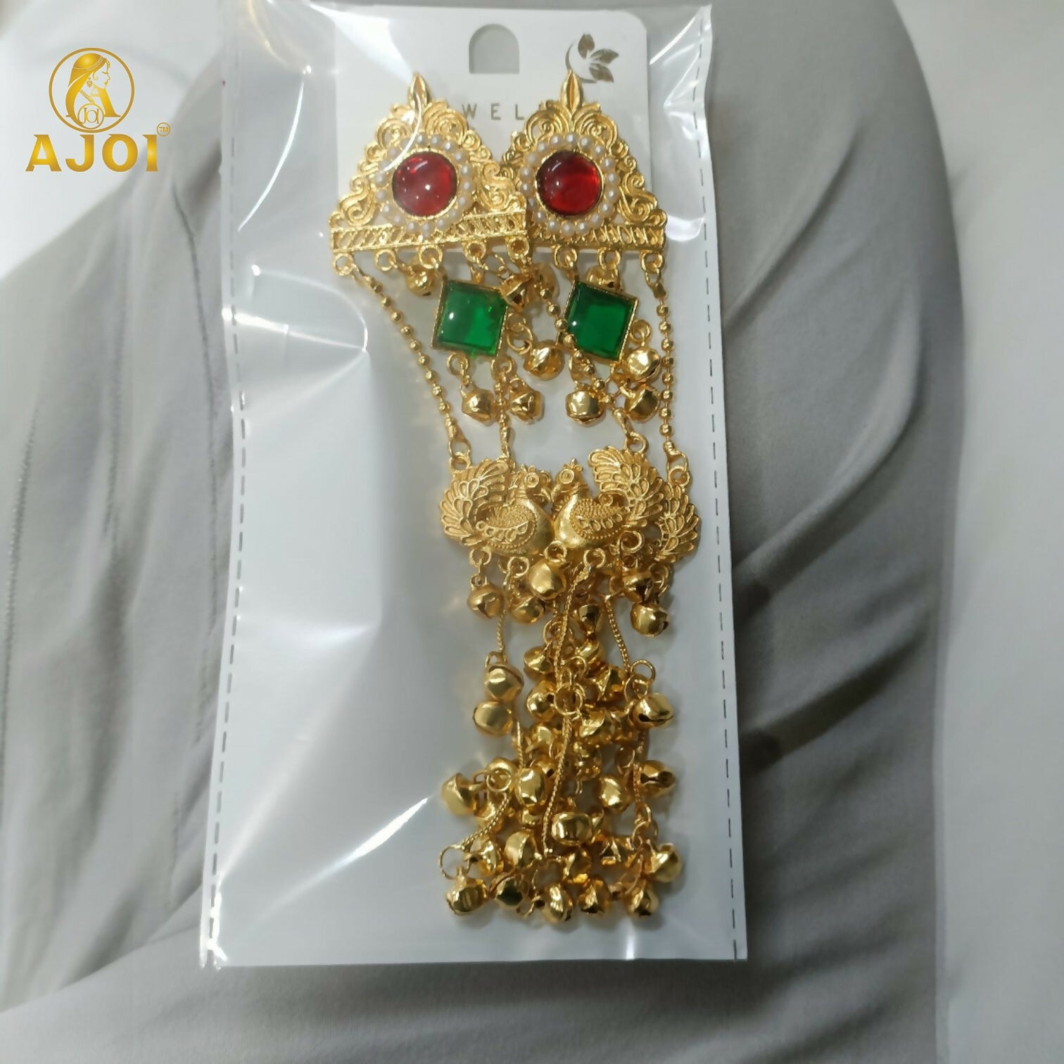 Royal Kashmiri Peacock Jhumka Earrings with Red & Green Stone