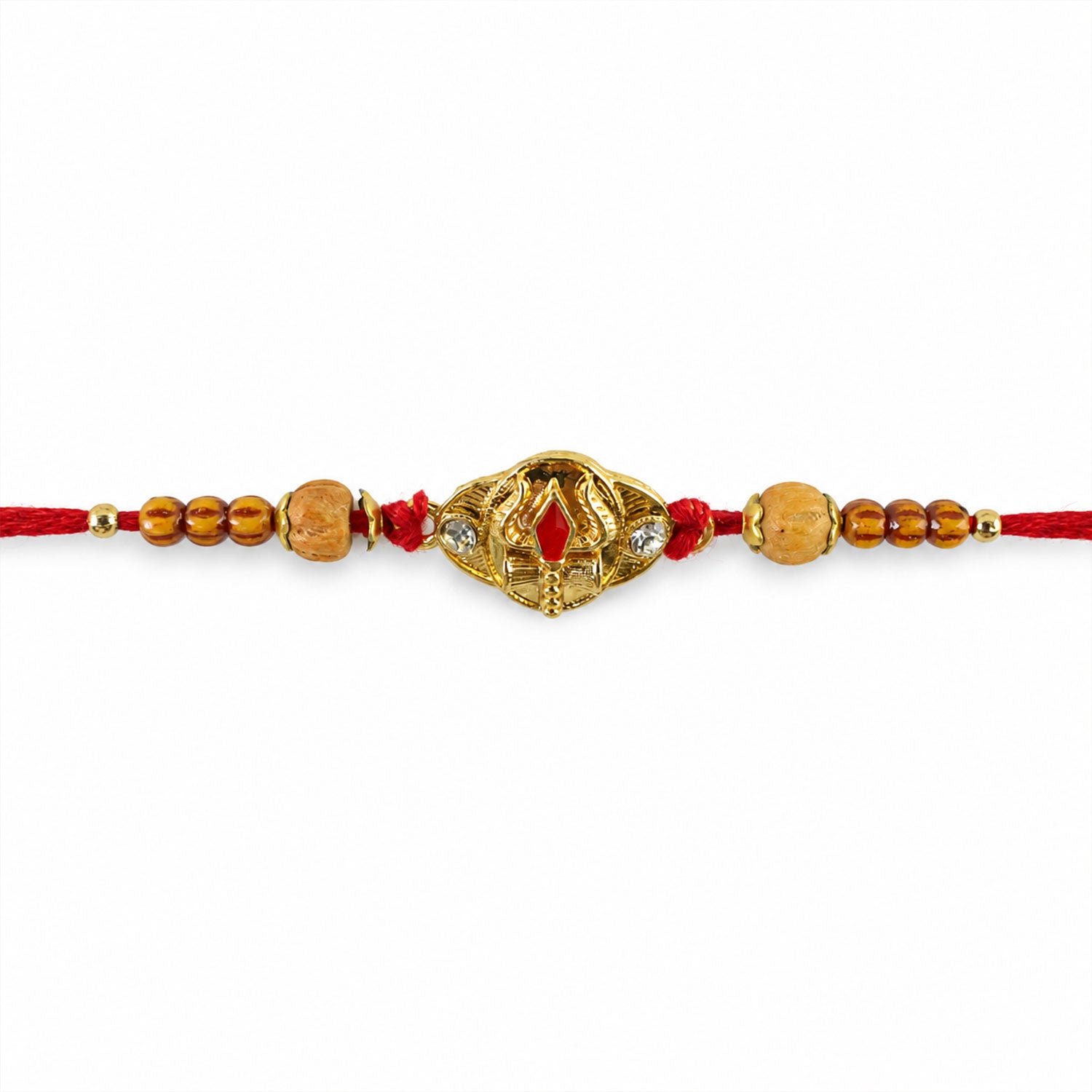 Tilak Trishul Golden Devotional Rakhi with Wooden Beads and Traditional Red Thread