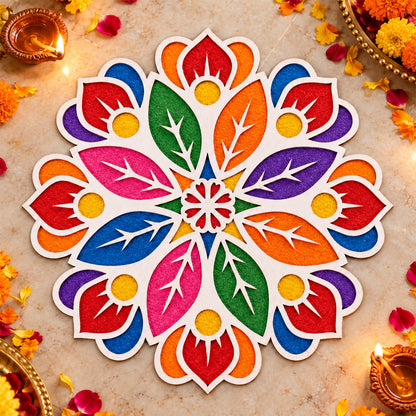 A colorful rangoli design created using a white stencil, filled with bright red, blue, green, pink, orange, and purple