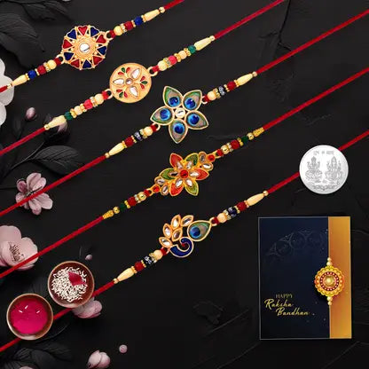 Set of 5 Fancy Rakhis for Brother – Designer Floral Rakhi Combo with Silver Coin, Roli Chawal & Greeting Card