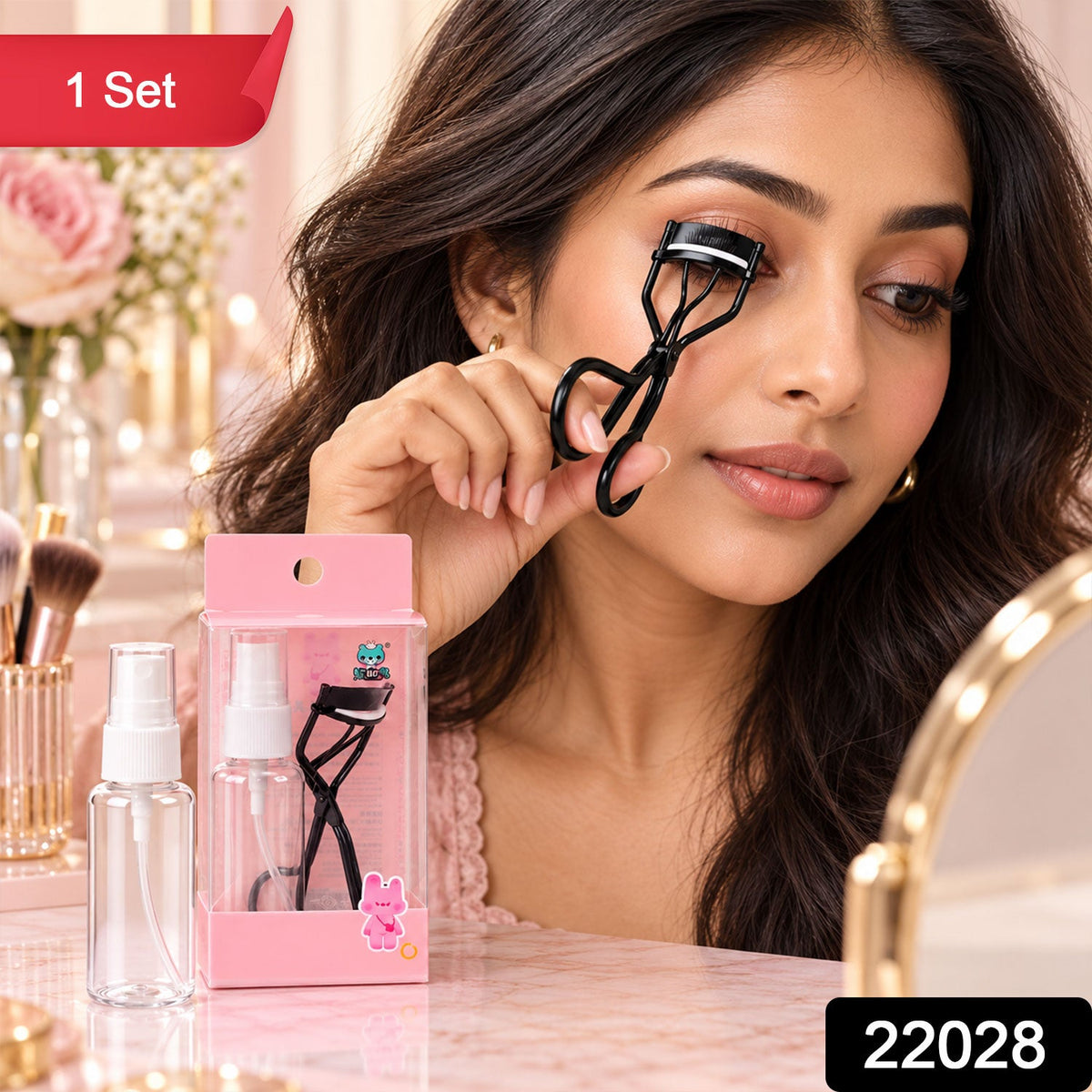 Eyelash Curler with Silicone Pad and Spray Bottle for Makeup Care (1 Set)