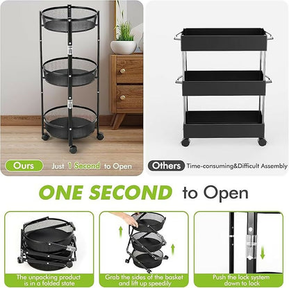Collapsible 3-Tier Kitchen Trolley with Wheels | Foldable Metal Mesh Storage Rack | Heavy-Duty Vegetable & Fruit Basket Stand | Multipurpose Utility Cart for Home & Office
