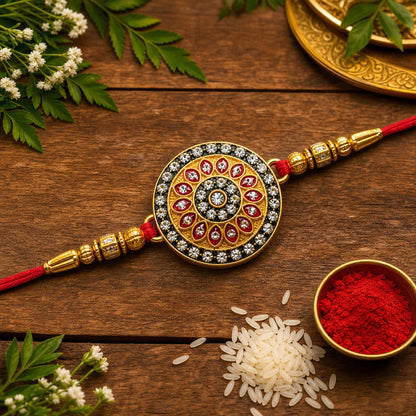 Kundan Rakhi for brother with red and green enamel centerpiece and golden beads.