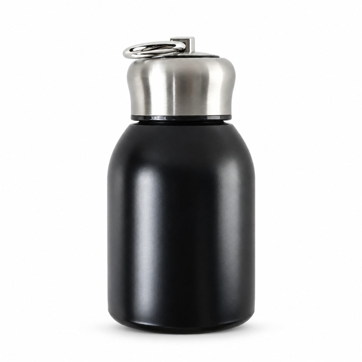 A sleek, short black vacuum bottle with a silver cap and small metal carry ring stands upright on a white background.