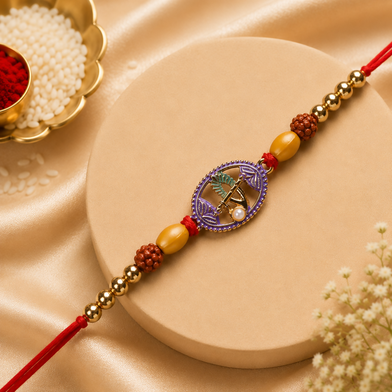 A red thread bracelet with a purple oval charm featuring a flute and peacock feather, flanked by gold and rudraksha beads,