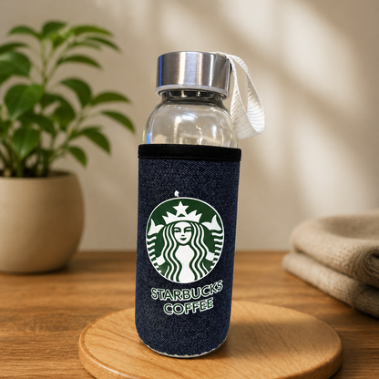 Glass water bottle with protective sleeve and strap front view
