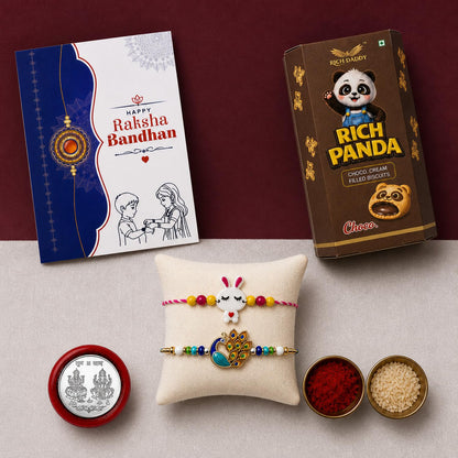 Peacock Rakhi for Brother with Choco Cream Biscuit 60gm, Coin & Card, Pack of 6