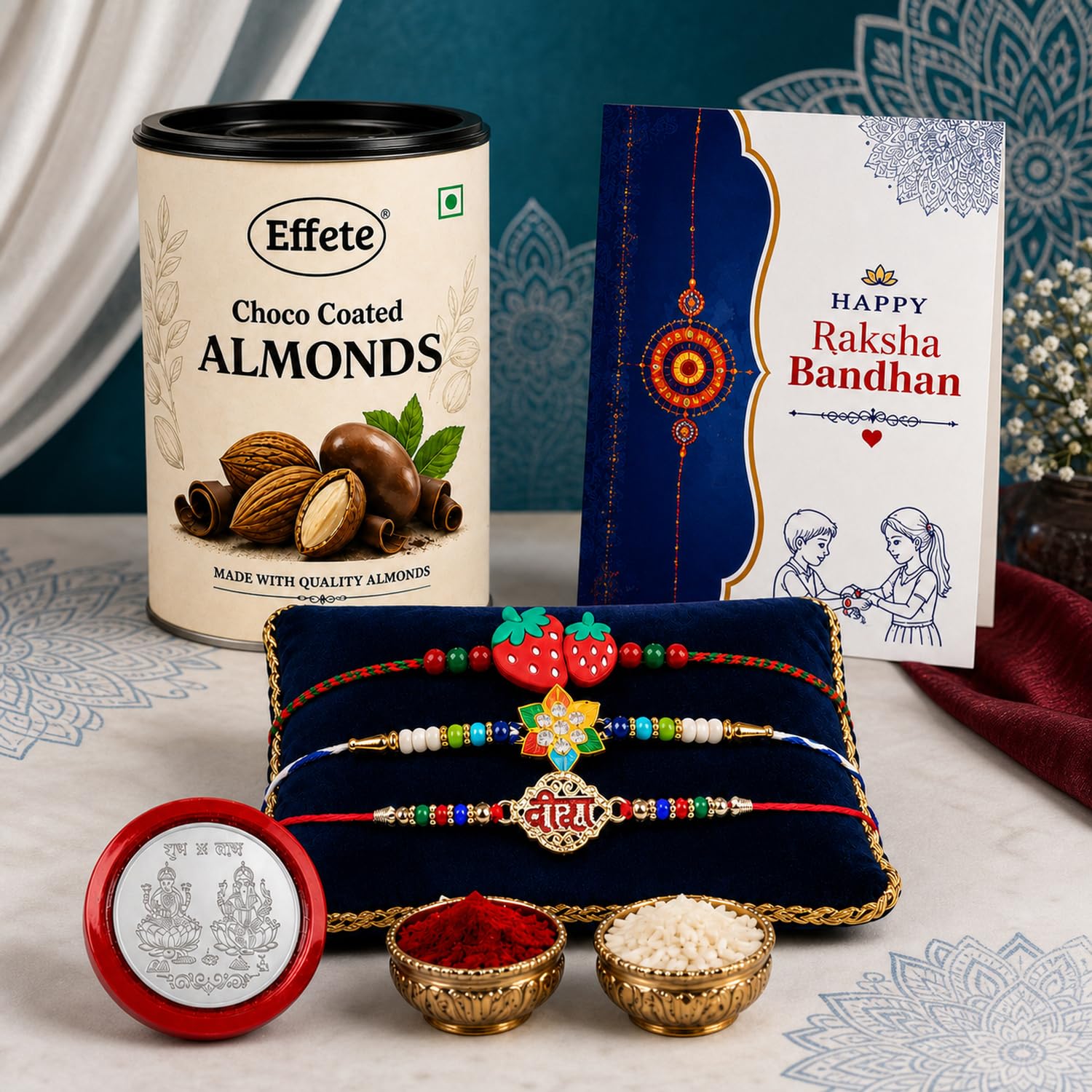 Strawberry Rakhi for Brother with Chocolate Almonds 96gm, Coin & Card, Pack of 7