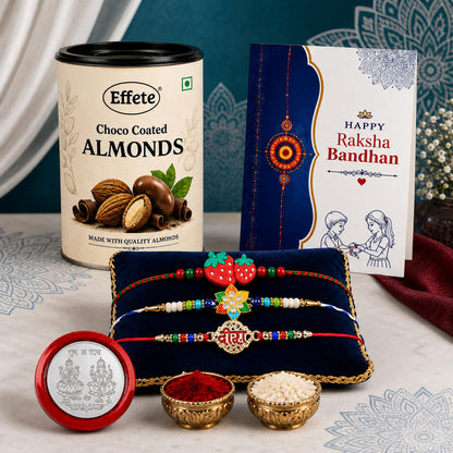 Strawberry Rakhi for Brother with Chocolate Almonds 96gm, Coin & Card, Pack of 7