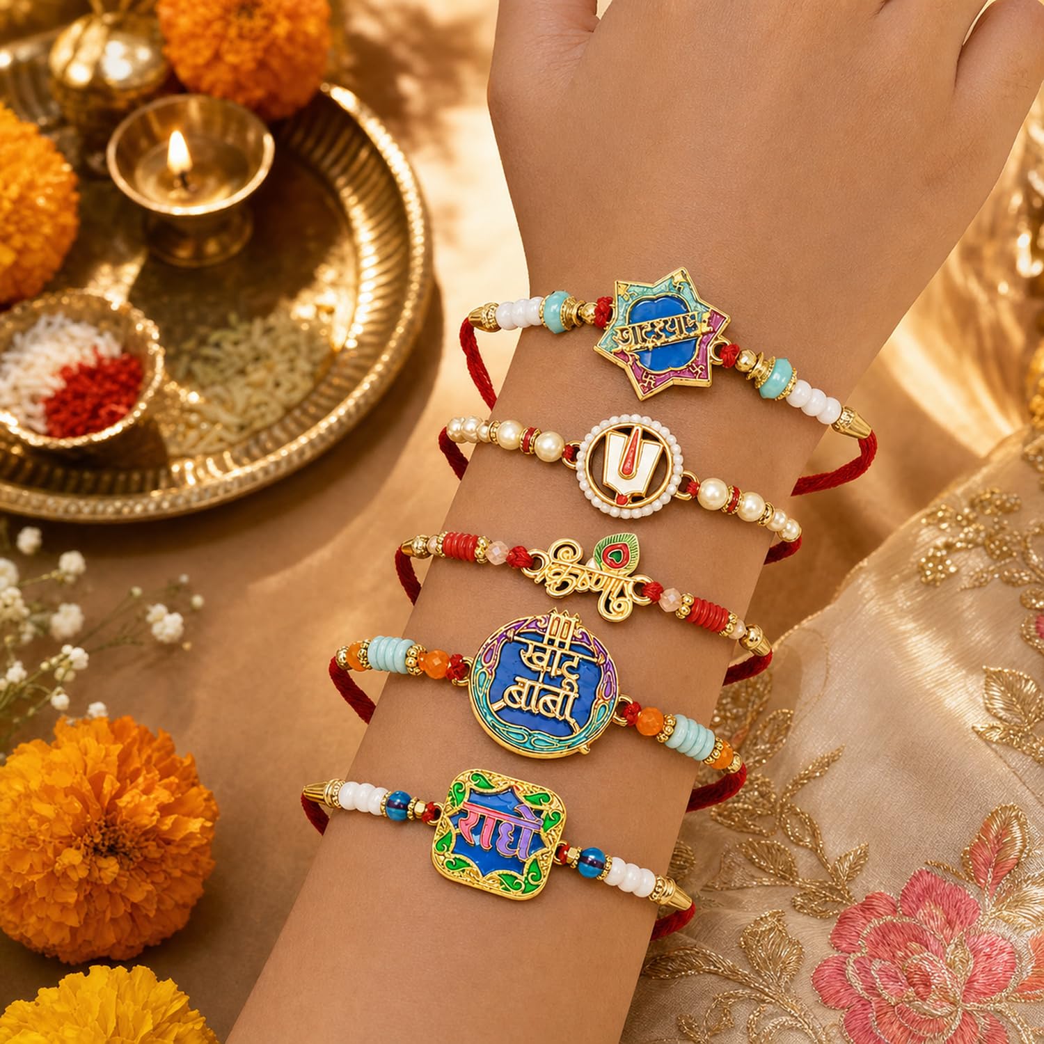 Elegant Trendy Rakhi for Brother with Roli Tikka, Pooja Coin & Card, Pack of 8