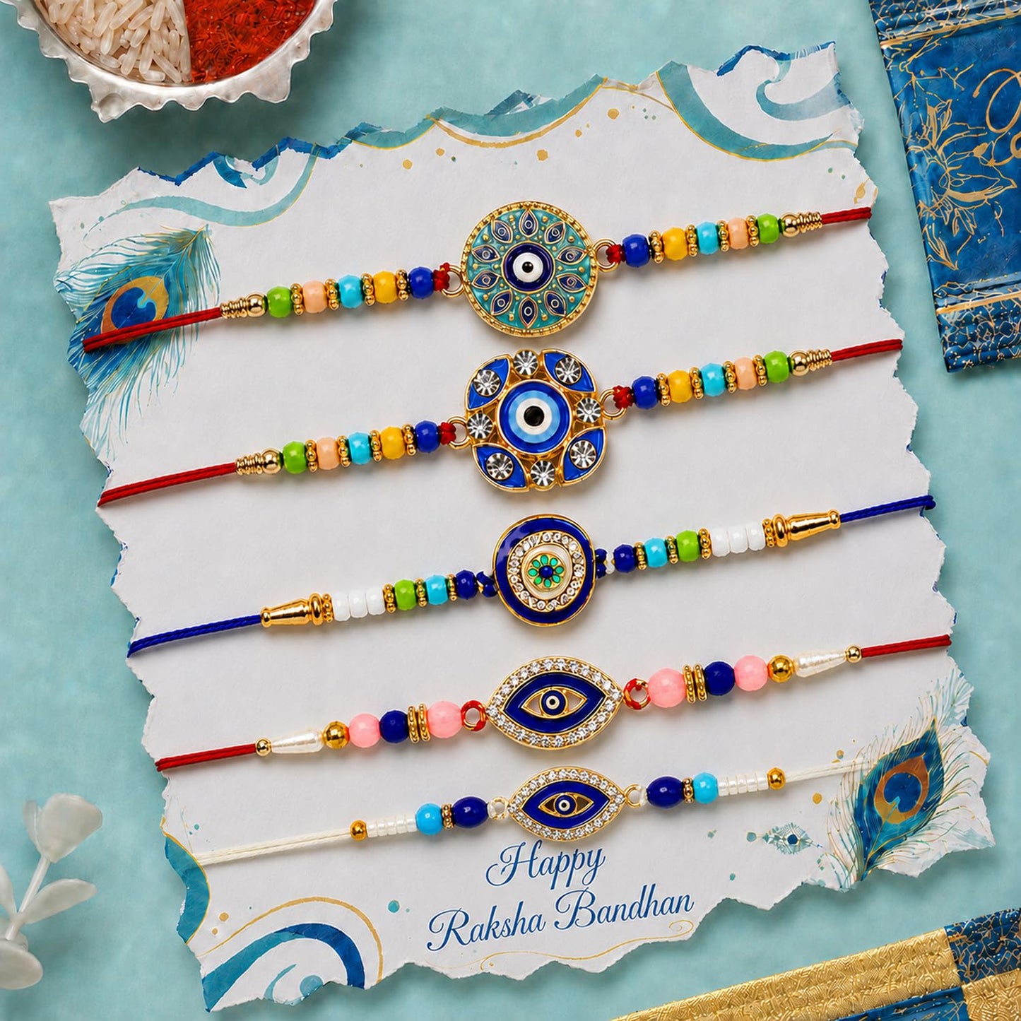 Designer Stylish Rakhi for Brother with Roli Tikka, Pooja Coin & Card, Pack of 8