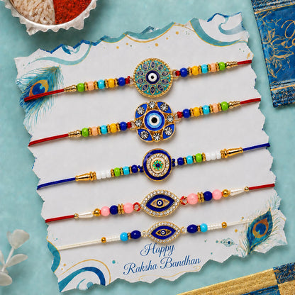 Designer Stylish Rakhi for Brother with Roli Tikka, Pooja Coin & Card, Pack of 8