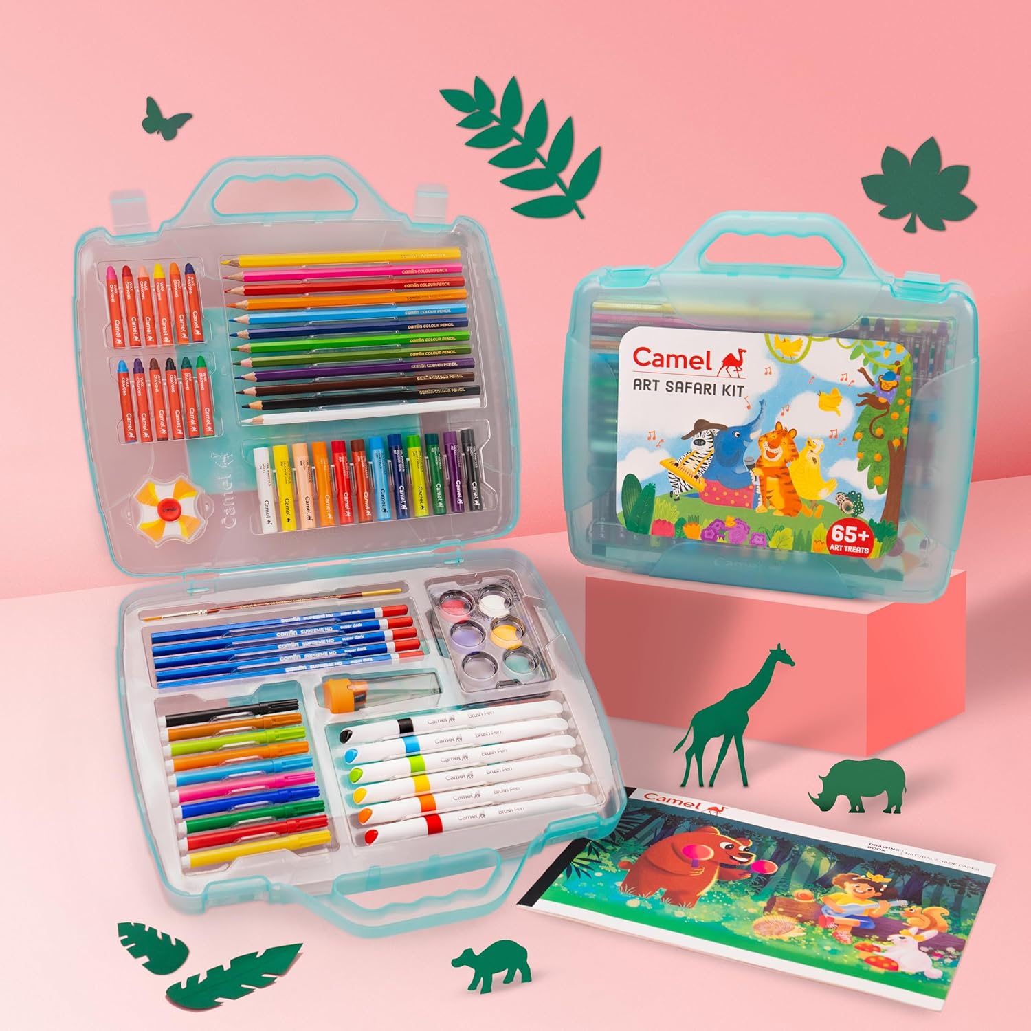 Camel Art Safari Kit – 65+ Art Treats with Colour Pencils, Crayons, Oil Pastels, Sketch Pens, Brush Pens & Watercolours