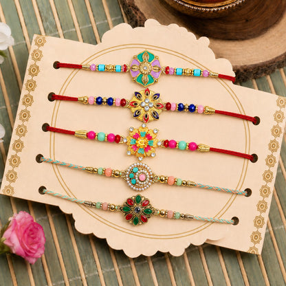 Handcrafted Graceful Rakhi for Brother with Roli Tikka & Greeting Card, Pack of 8