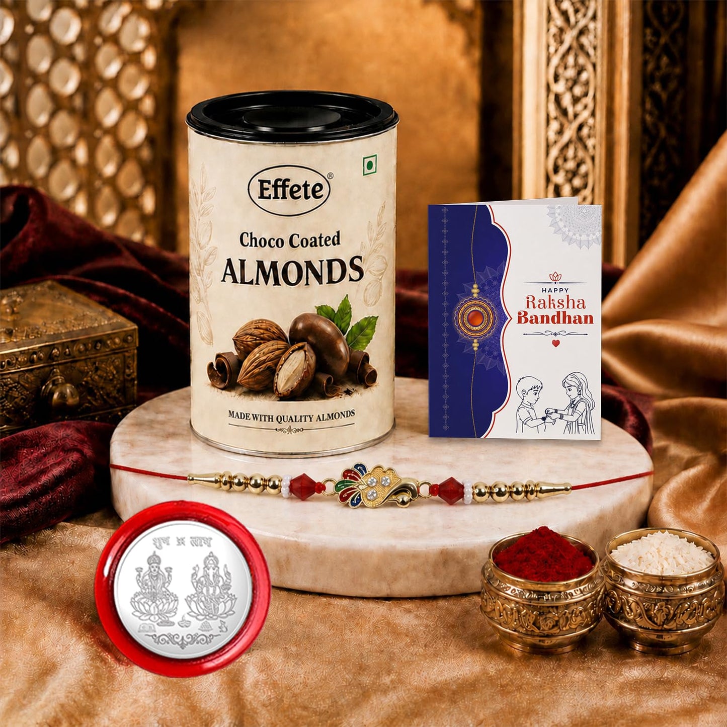 Rakhi with Chocolate for Brother – Raksha Bandhan Combo with Elegant Stylish Rakhi, Chocolate, Roli Chawal, Silver Color Coin & Greeting Card – Traditional Festival Celebration (Set of 5)